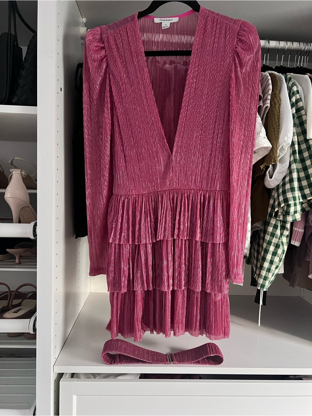 Sabina Musayev Pink Plissé Tiered Mini Dress